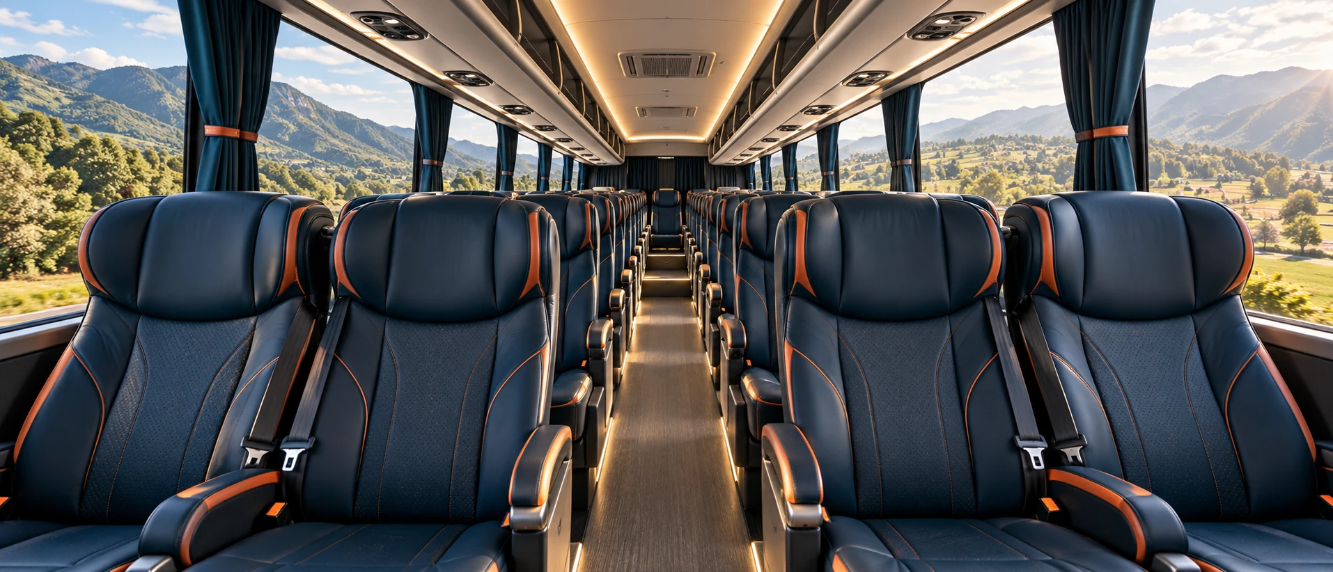 Imagen ilustrativa de un bus premium, con asientos azules y detalles naranjas, vista desde el pasillo central.