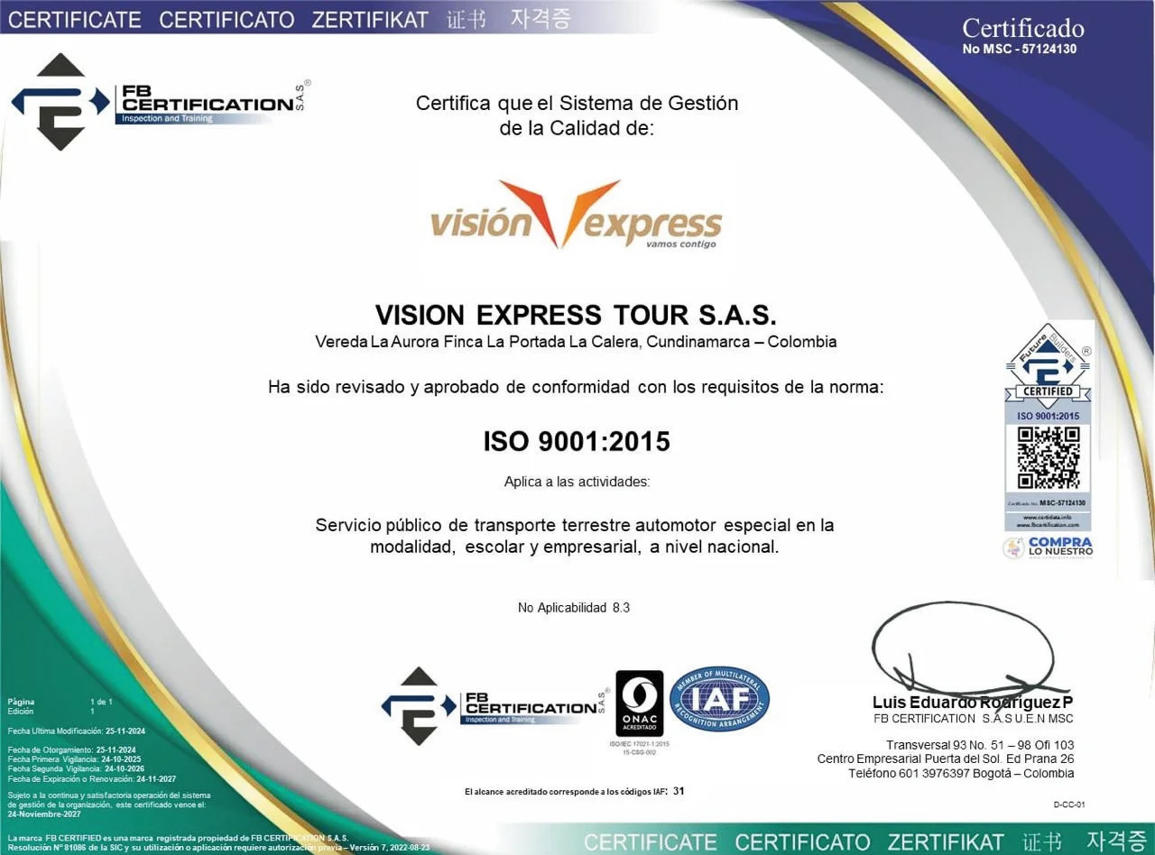 Documento publicado del certificado ISO 9001:2015